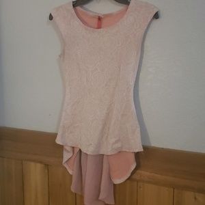 Pink rose print peplum top cap sleeve with train